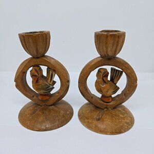 1 Pair Vintage Hand Carved Wood Candlestick Holders, Birds, 4.5"